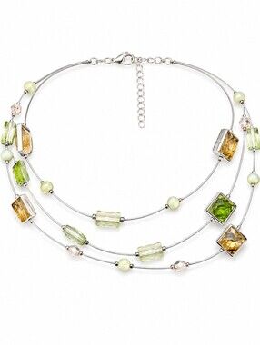 Multi-Strand Illusion Necklace Green Square Crystal Round Beads Statement Jewelr